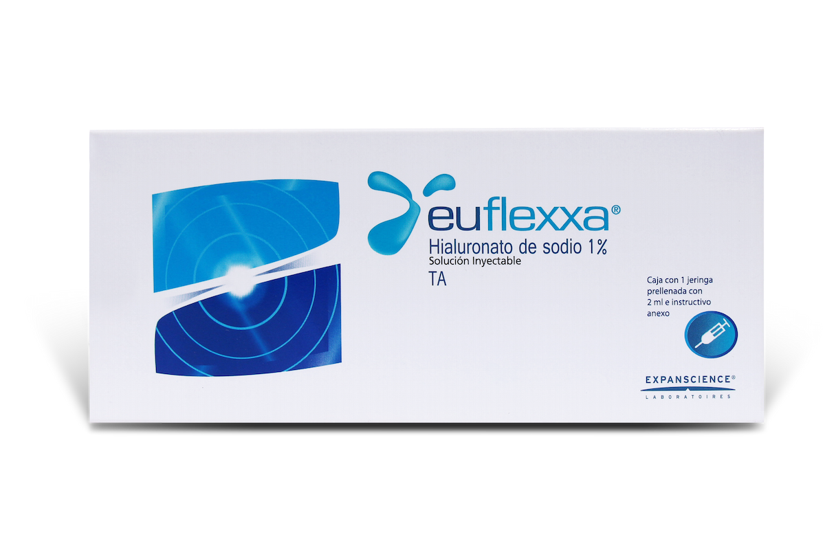 Caja de euflexxa, hialuronato de potasio al 1%, solución inyectable, en un fondo blanco