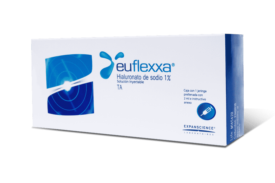 Caja de euflexxa, hialuronato de potasio al 1%, solución inyectable, en un fondo blanco